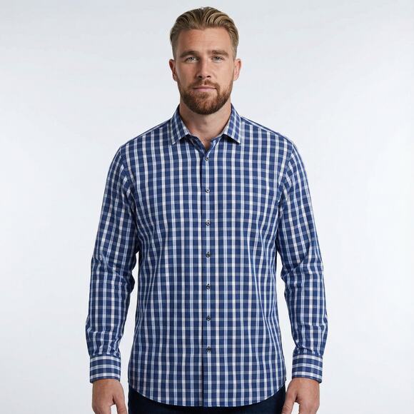 Bugatchi Uomo Shirt XXL Blue Plaid Check Long Sleeve Cotton Casual Dress Shirt - Picture 1 of 16